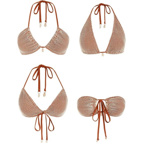 🆕Women Brown Triangle Bikini Top Fishnet Tie Back String Swimsuit Bathing Suit - Picture 5 of 6